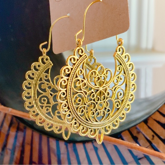 BOGO Large Gold Mandala Hoop Earrings Filigree Tribal Aztec Tibetan Native Bird - Picture 4 of 16